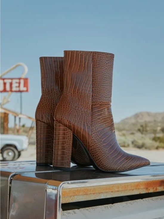 Lulus Shoes - Lulu's Brown Croc-Embossed Block Heel Ankle Boots